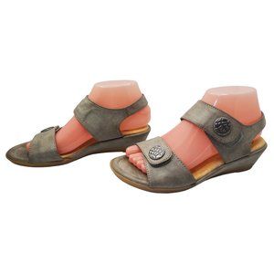 spring step womens leather gray color hook and loop 2" heel wedge sandals